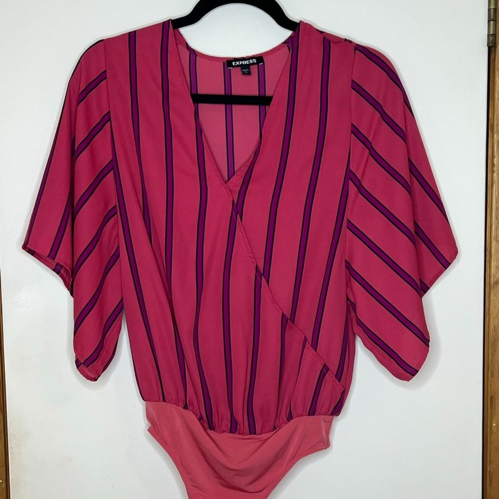 Large Express Body Suit Thong Striped Pink Purple NEVER WORN